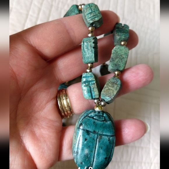 Vintage 1970s Hand Carved Ceramic Bohemian Egyptian Revival Scarab Necklace - Picture 3 of 9